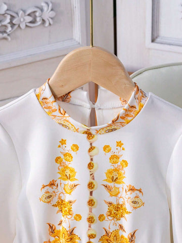 Girls' Stand Collar Lantern Sleeve Long Sleeve Dress With Waistband And Floral Print, Suitable For Festivals, Holidays, And Parties, Summer