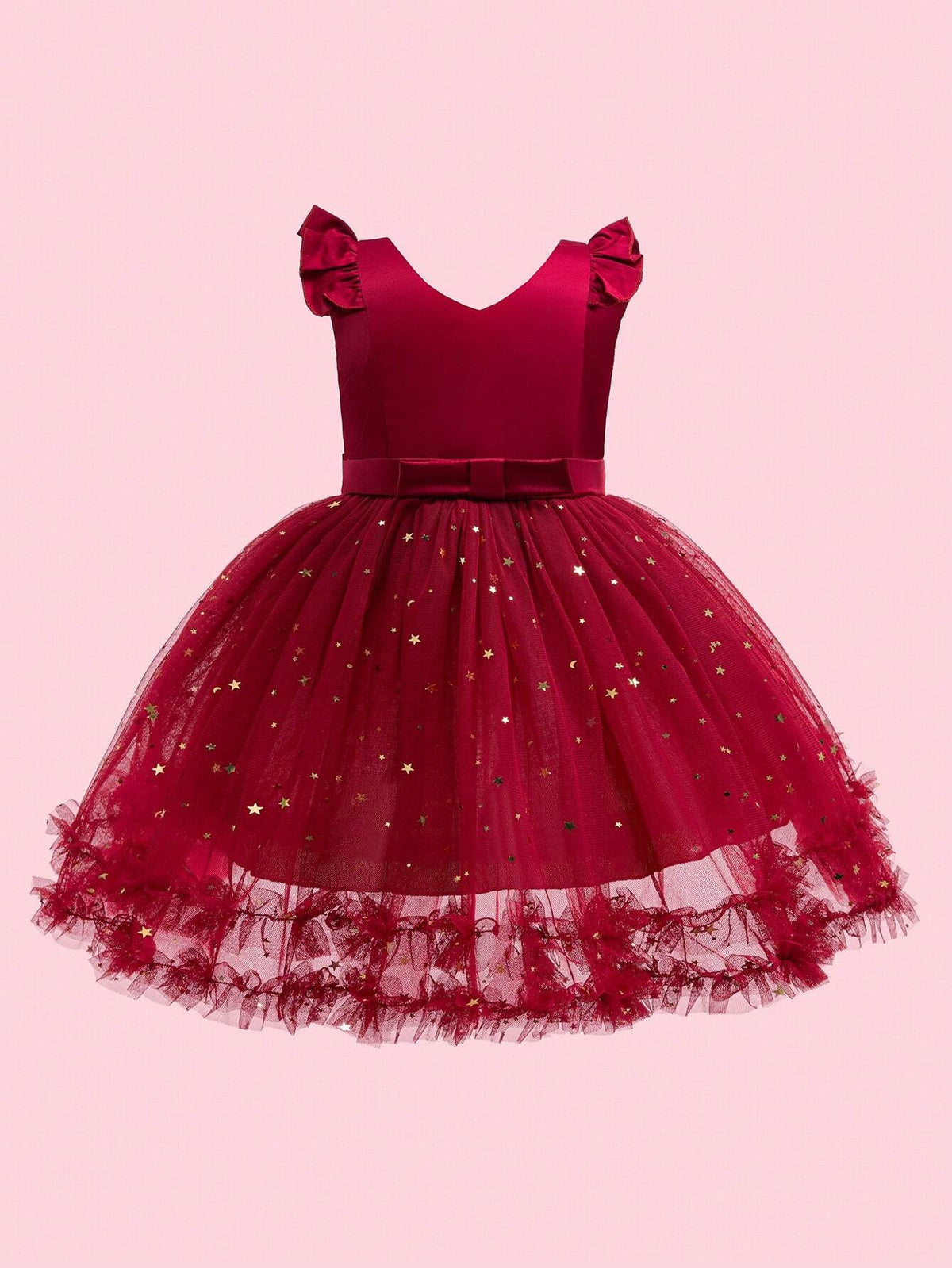 Girls' Star Mesh Decorated Cap Sleeve Christmas Party Dress
