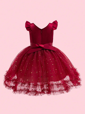 Girls' Star Mesh Decorated Cap Sleeve Christmas Party Dress