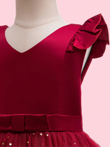 Girls' Star Mesh Decorated Cap Sleeve Christmas Party Dress