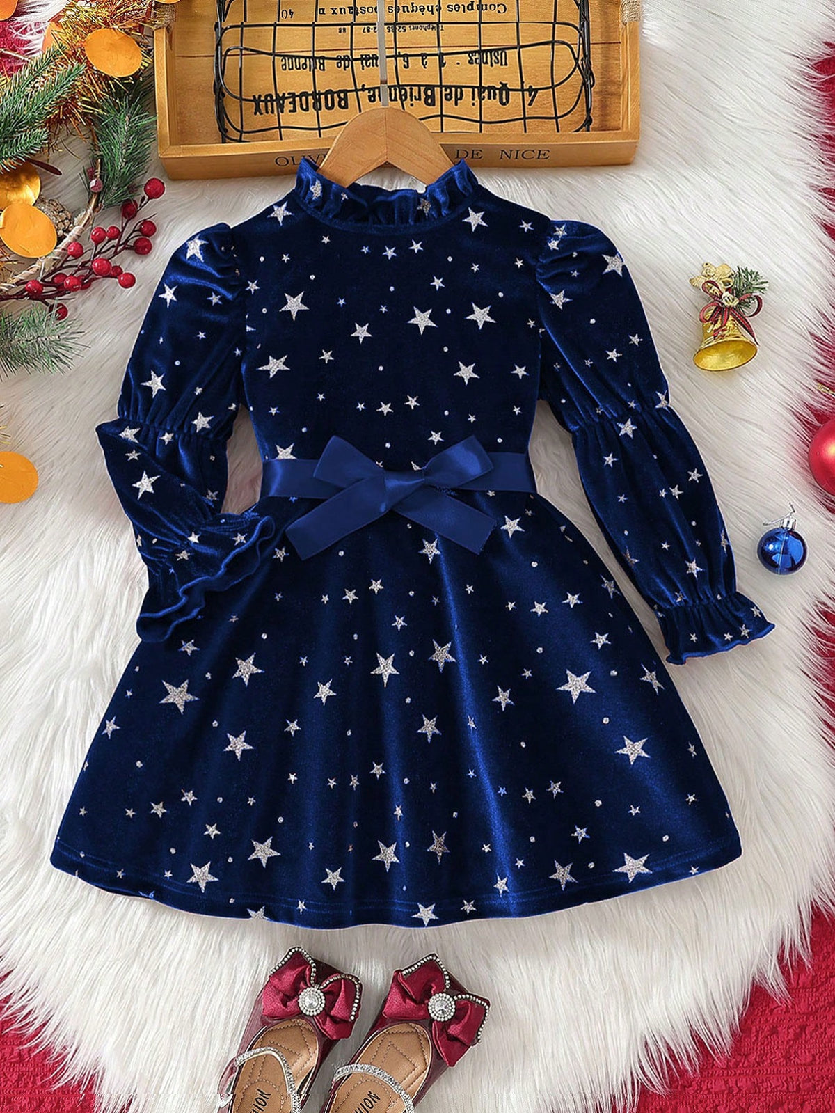 Girls Star Print Ruffle Hem Round Neck Long Sleeve Belted Dress