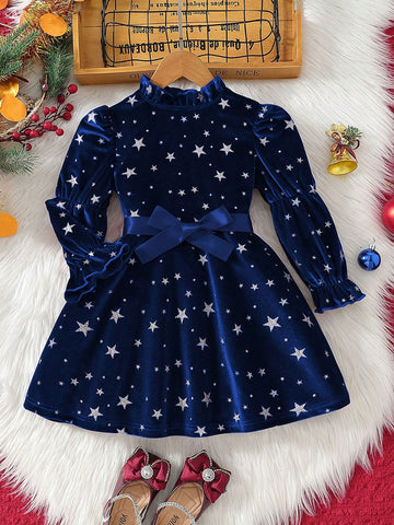 Girls Star Print Ruffle Hem Round Neck Long Sleeve Belted Dress