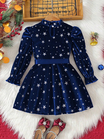 Girls Star Print Ruffle Hem Round Neck Long Sleeve Belted Dress