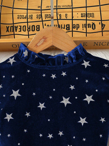 Girls Star Print Ruffle Hem Round Neck Long Sleeve Belted Dress