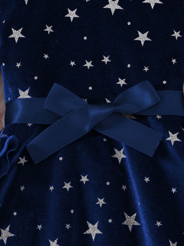 Girls Star Print Ruffle Hem Round Neck Long Sleeve Belted Dress