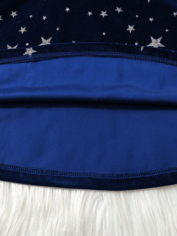 Girls Star Print Ruffle Hem Round Neck Long Sleeve Belted Dress