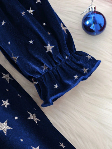 Girls Star Print Ruffle Hem Round Neck Long Sleeve Belted Dress