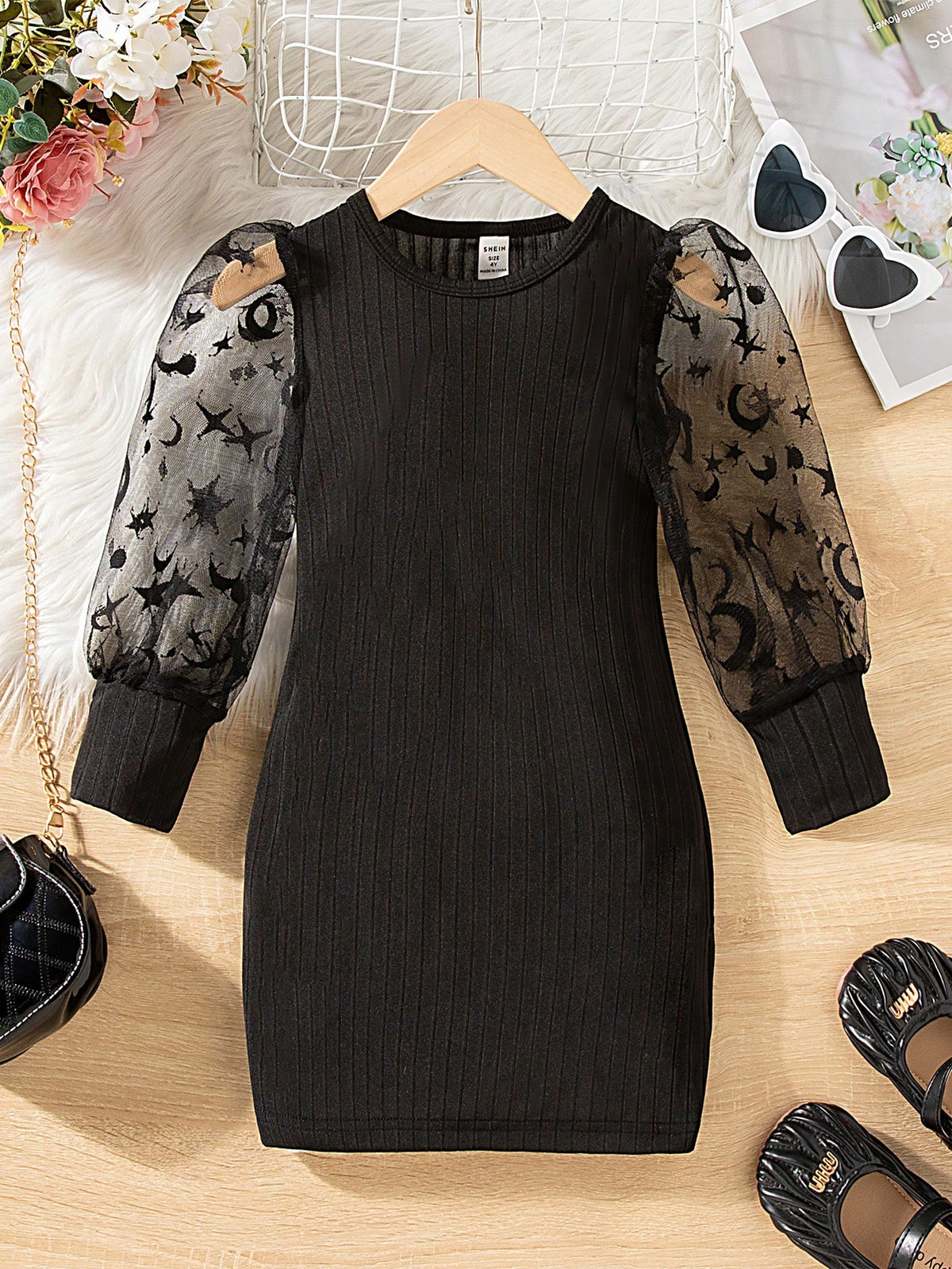 Girls Star & Moon Mesh Long Sleeve Ribbed Dress, New Arrival, Soft, Fashionable, Elegant, Sweet & Unique Style