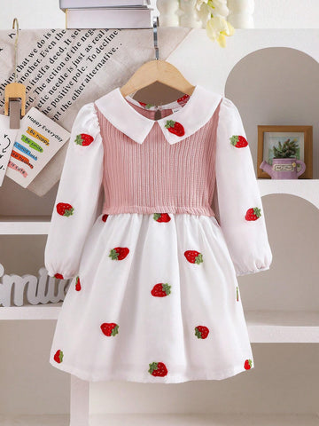 Girls Strawberry Embroidery Collar Contrast Splicing Princess Knitted Dress, Cute For Girls, Spring Autumn