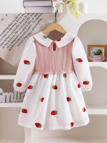 Girls Strawberry Embroidery Collar Contrast Splicing Princess Knitted Dress, Cute For Girls, Spring Autumn