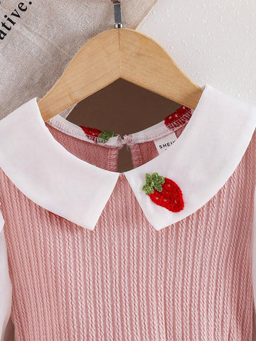 Girls Strawberry Embroidery Collar Contrast Splicing Princess Knitted Dress, Cute For Girls, Spring Autumn