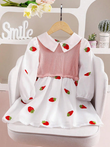 Girls Strawberry Embroidery Collar Contrast Splicing Princess Knitted Dress, Cute For Girls, Spring Autumn