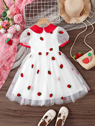 Girls Strawberry Embroidery Mesh Splice Adorable Collar Zipper Summer Dress