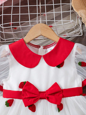 Girls Strawberry Embroidery Mesh Splice Adorable Collar Zipper Summer Dress