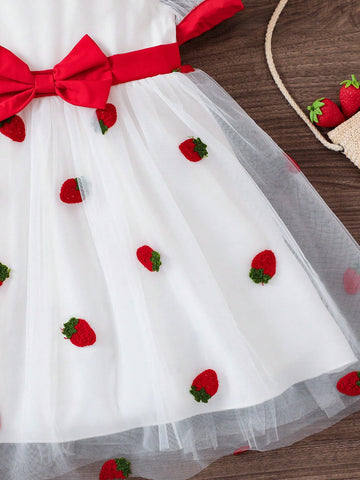 Girls Strawberry Embroidery Mesh Splice Adorable Collar Zipper Summer Dress