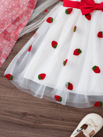 Girls Strawberry Embroidery Mesh Splice Adorable Collar Zipper Summer Dress