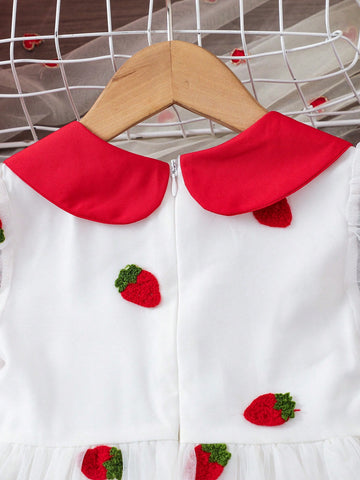 Girls Strawberry Embroidery Mesh Splice Adorable Collar Zipper Summer Dress
