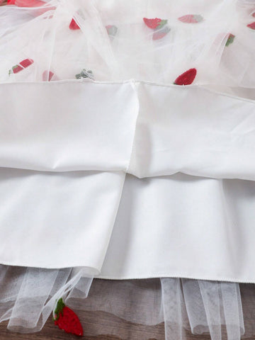 Girls Strawberry Embroidery Mesh Splice Adorable Collar Zipper Summer Dress