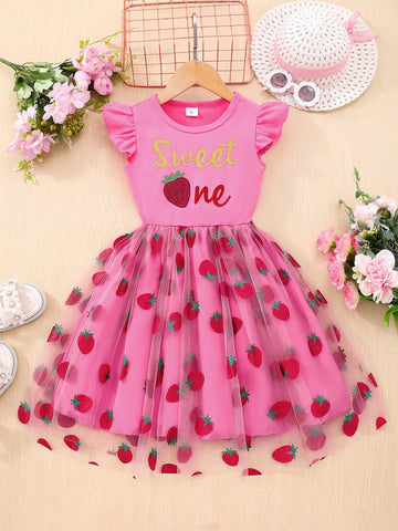 Girls' Strawberry Printed Flutter Sleeve Casual Dress With Mesh Splicing
