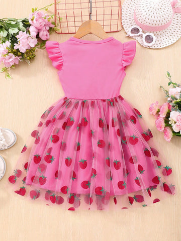 Girls' Strawberry Printed Flutter Sleeve Casual Dress With Mesh Splicing