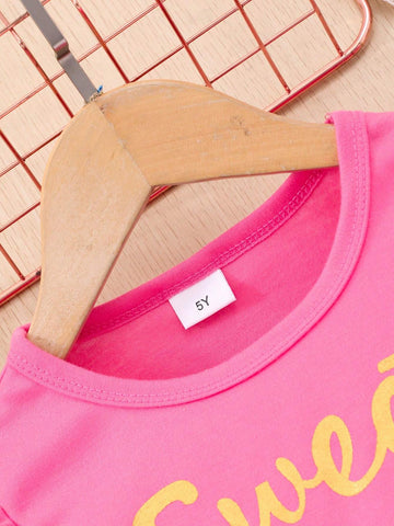 Girls' Strawberry Printed Flutter Sleeve Casual Dress With Mesh Splicing