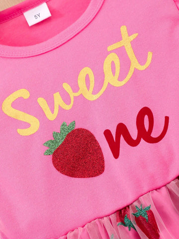 Girls' Strawberry Printed Flutter Sleeve Casual Dress With Mesh Splicing