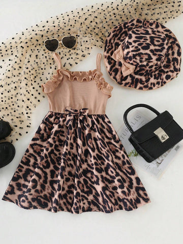Girls' Street Style Elegant Bowknot Decorated Neckline Ruffled Waist A-Line Leopard Printed Dress With 3D Bow Decorated Leopard Print Hat, Summer