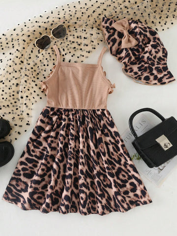 Girls' Street Style Elegant Bowknot Decorated Neckline Ruffled Waist A-Line Leopard Printed Dress With 3D Bow Decorated Leopard Print Hat, Summer