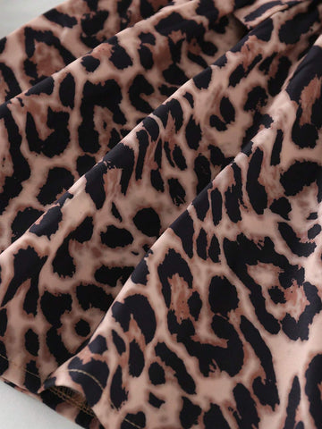Girls' Street Style Elegant Bowknot Decorated Neckline Ruffled Waist A-Line Leopard Printed Dress With 3D Bow Decorated Leopard Print Hat, Summer