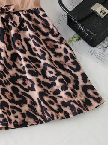 Girls' Street Style Elegant Bowknot Decorated Neckline Ruffled Waist A-Line Leopard Printed Dress With 3D Bow Decorated Leopard Print Hat, Summer