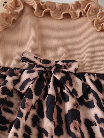 Girls' Street Style Elegant Bowknot Decorated Neckline Ruffled Waist A-Line Leopard Printed Dress With 3D Bow Decorated Leopard Print Hat, Summer