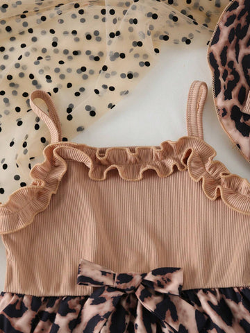 Girls' Street Style Elegant Bowknot Decorated Neckline Ruffled Waist A-Line Leopard Printed Dress With 3D Bow Decorated Leopard Print Hat, Summer