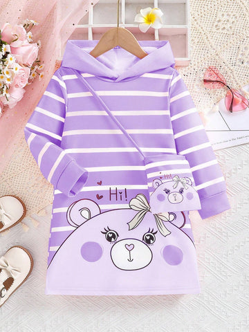 Girls Striped Cute Cartoon Animal Print Hooded Long Sleeve Casual Dress With Square Crossbody Bag