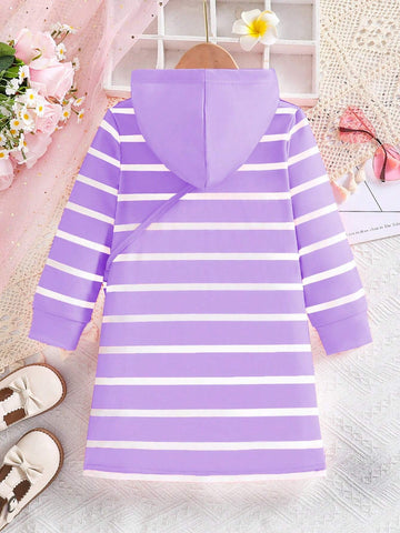 Girls Striped Cute Cartoon Animal Print Hooded Long Sleeve Casual Dress With Square Crossbody Bag