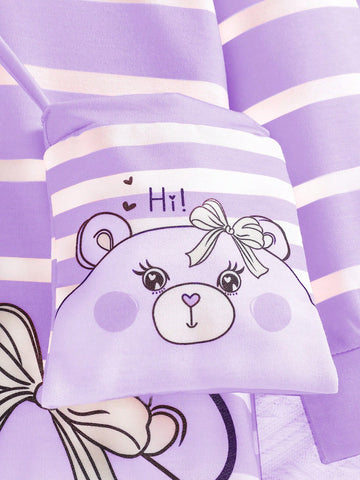Girls Striped Cute Cartoon Animal Print Hooded Long Sleeve Casual Dress With Square Crossbody Bag