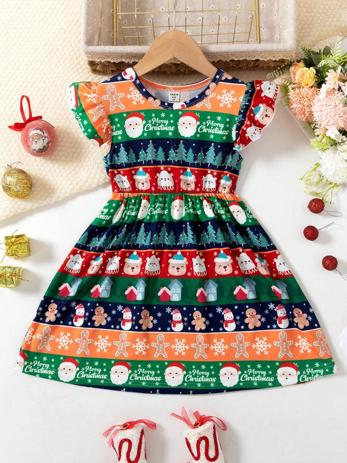Girls Striped Cute Print Casual Comfy Cap Sleeve Hem Elegant Dress For Christmas