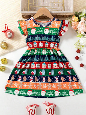 Girls Striped Cute Print Casual Comfy Cap Sleeve Hem Elegant Dress For Christmas