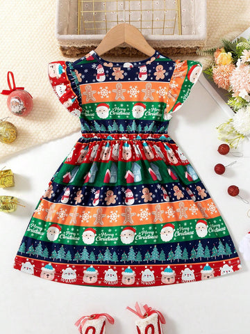 Girls Striped Cute Print Casual Comfy Cap Sleeve Hem Elegant Dress For Christmas