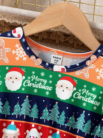 Girls Striped Cute Print Casual Comfy Cap Sleeve Hem Elegant Dress For Christmas