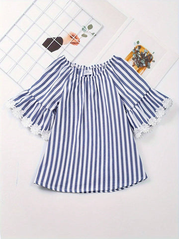 Girls Striped Print Lace Trim Peplum Top Casual Shirt For Spring And Summer