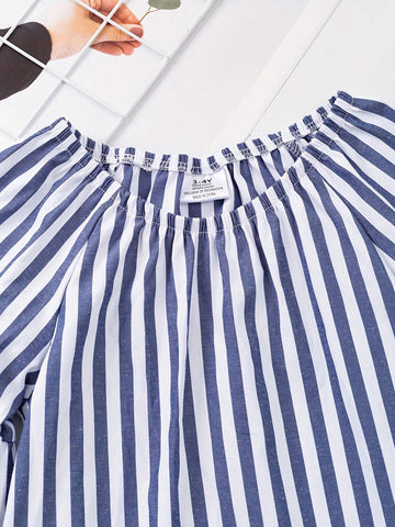 Girls Striped Print Lace Trim Peplum Top Casual Shirt For Spring And Summer