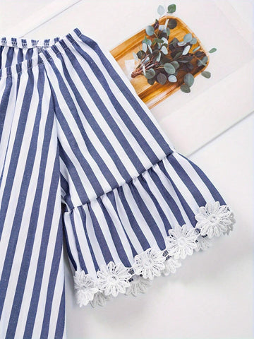 Girls Striped Print Lace Trim Peplum Top Casual Shirt For Spring And Summer