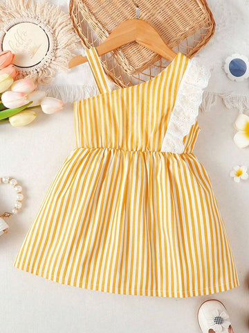 Girls' Striped Sleeveless Lace Trimmed Siblings Matching Dress For Summer