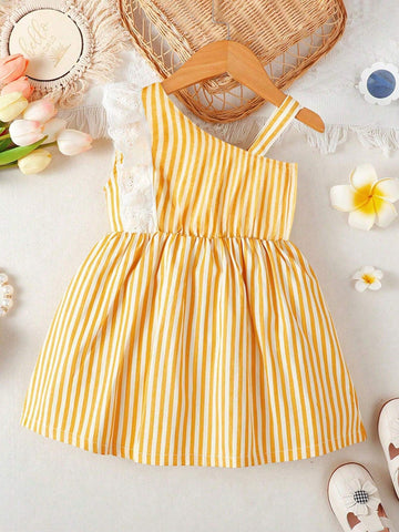 Girls' Striped Sleeveless Lace Trimmed Siblings Matching Dress For Summer