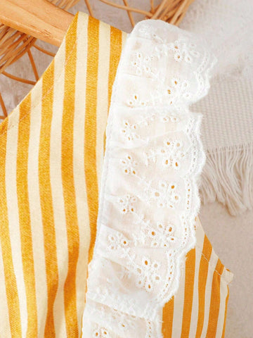 Girls' Striped Sleeveless Lace Trimmed Siblings Matching Dress For Summer