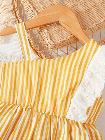 Girls' Striped Sleeveless Lace Trimmed Siblings Matching Dress For Summer