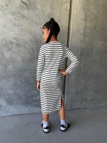 Girls Striped Slim Fit Square Neck Long Sleeve Dress, Side Split Design For Easy Movement