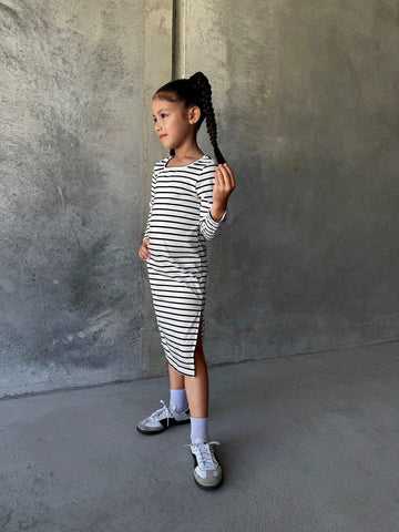 Girls Striped Slim Fit Square Neck Long Sleeve Dress, Side Split Design For Easy Movement