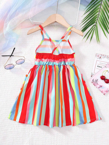 Girls Striped Spaghetti Strap Dress Summer Casual Style Breathable And Refreshing Striped Dress