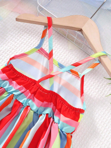 Girls Striped Spaghetti Strap Dress Summer Casual Style Breathable And Refreshing Striped Dress